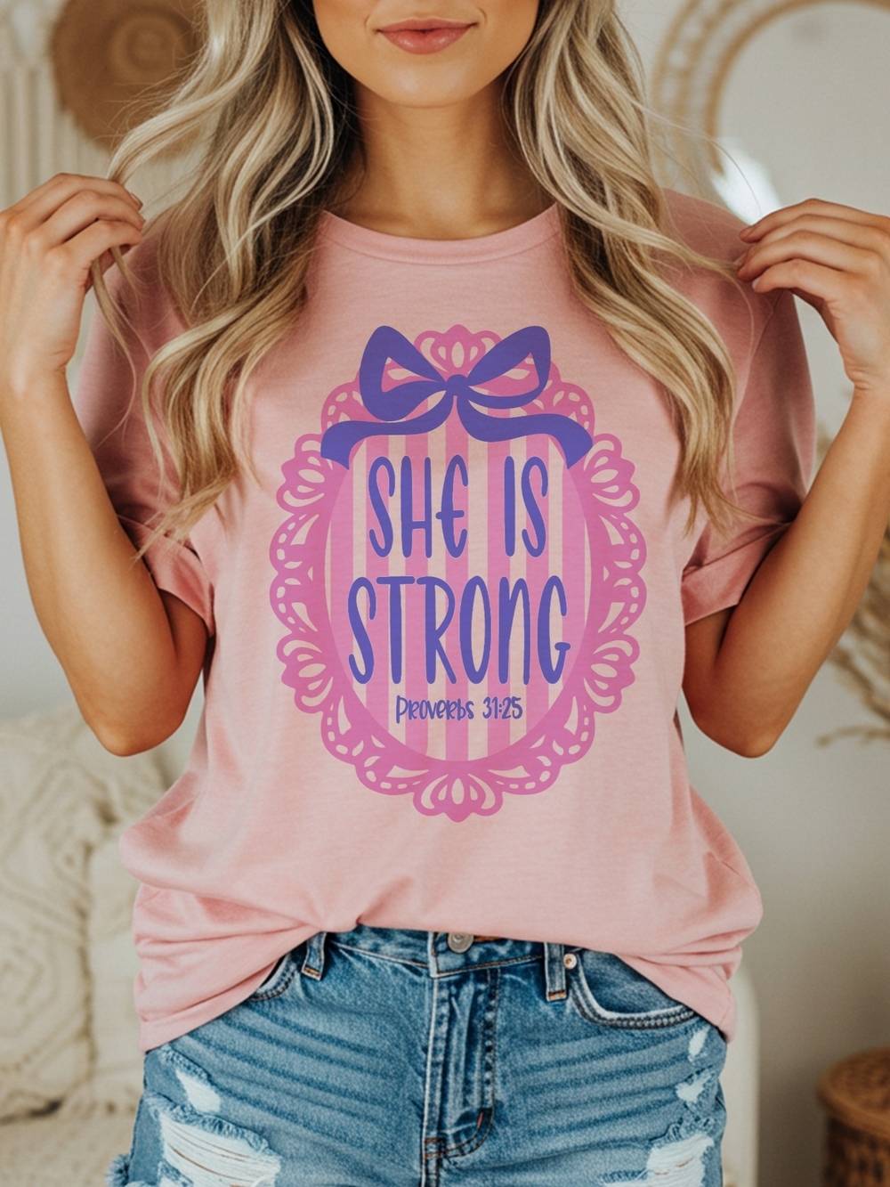 She Is Strong Graphic Tee - Pink with Purple Print